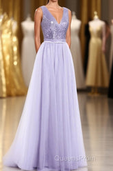 Lavender Sequin V-Neck Backless A-Line Long Dress
