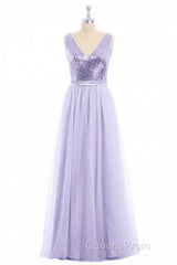 Lavender Sequin V-Neck Backless A-Line Long Dress