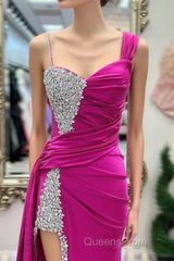 Asymmetrical Magenta Beaded Long Formal Dress with Attached Train