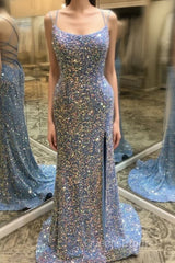 Double Straps Lace-Up Sequins Long Evening Prom Dress with Slit