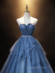 Blue Sweetheart Neck Tulle Long Evening Prom Dress, Blue Evening Dress