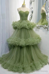 Princess Spaghetti Straps Green Tulle Long Dress A line Tiered Formal Dress