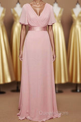 Pink V-Neck Ruffled A-Line Long Bridesmaid Dress