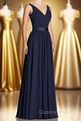 Navy Blue V-Neck Tie-Back A-Line Long Bridesmaid Dress
