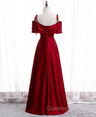 Burgundy Satin Beads Long Evening Prom Dress, Burgundy Evening Dress