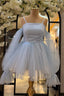 White Cold Shoulder Straps Puff Long Sleeves Homecoming Dress