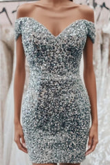 Dusty Sage Off-the-Shoulder Sequins Sheath Homecoming Romper
