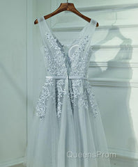 Gray A Line Lace Tulle Short Evening Prom Dress, Homecoming Dress