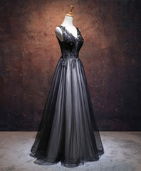 Black V Neck Tulle Lace Applique Long Prom Dress, Black Evening Dress, 1