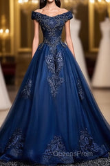 Blue Tulle Lace Off Shoulder Long Evening Prom Dress, Blue Tulle Lace Evening Dress