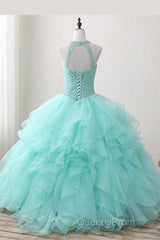 Mint Ball Gown Floor Length Halter Keyhole Back Beading Ruffles Evening Prom Dress
