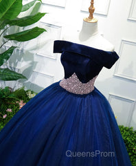 Dark Blue Tulle Off Shoulder Long Evening Prom Dress, Blue Sweet 16 Dress