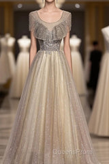 Champagne Round Neck Sequin Long Evening Prom Dress, Tulle Formal Dress