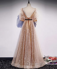Champagne Sweetheart Tulle Long Evening Prom Dress, Tulle Formal Dress
