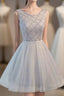 Gray Tulle Beads Short Evening Prom Dress, Gray Homecoming Dress
