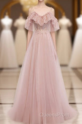 Pink V Neck Tulle Lace Long Evening Prom Dress, Pink Bridesmaid Dress, 1