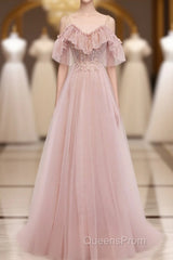 Pink V Neck Tulle Lace Long Evening Prom Dress, Pink Bridesmaid Dress, 1