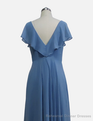 A-line Short Sleeves Chiffon V-neck Ruffles Floor-Length Bridesmaid Dress
