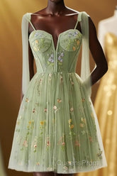 Green Floral Tulle A-line Short Dress with Tie Shoulders