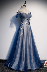 Blue Tulle Sequins Long Prom Dress, A-Line Evening Dress