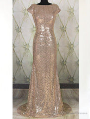 Floor-Length/Long Bateau Neck Column/Sheath Sequined Prom Dresses
