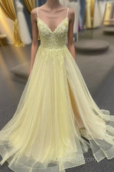 Light Yellow Deep V Appliques Long Evening Prom Dress with Slit