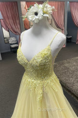 Light Yellow Deep V Appliques Long Evening Prom Dress with Slit