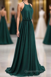 Hunter Green Halter Chiffon A-line Long Bridesmaid Dress