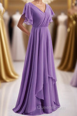 Flutter Sleeves Lavender Chiffon A-line Long Bridesmaid Dress