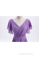 Flutter Sleeves Lavender Chiffon A-line Long Bridesmaid Dress