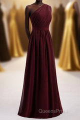 One Shoulder Burgundy A-line Chiffon Long Bridesmaid Dress