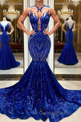 Sequins Royal Blue Sleeveless Mermaid Evening Prom Dress
