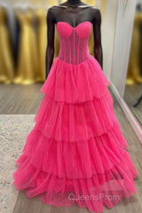 Hot Pink Strapless Layers Tulle A-line Long Evening Prom Dress