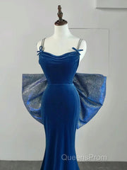 Simple Velvet Blue Mermaid Long Evening Prom Dress, Backless Velvet Blue Evening Dress