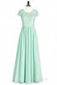 Sage Green Lace and Chiffon Cap Sleeve A-Line Long Bridesmaid Dress