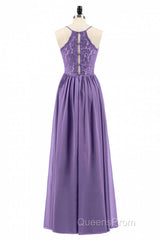 Purple Spaghetti Straps A-Line Long Bridesmaid Dress