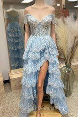Light Blue Lace Sweetheart Tiered Long Evening Prom Dress with Slit
