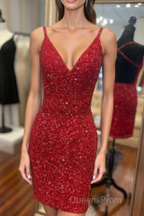 Tight V-Neck Red Mini Party Dress