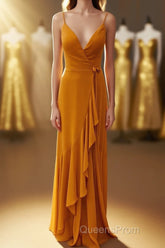 Rust V-Neck Spaghetti Straps Ruffled Long Bridesmaid Dress