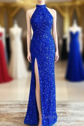 Blue Sequin Halter Long Formal Dress with Slit