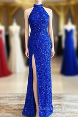 Blue Sequin Halter Long Formal Dress with Slit