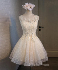 Champagne Lace Round Neck Short Evening Prom Dress, Bridesmaid Dress