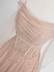 Champagne Pink Tulle Beads Long Evening Prom Dress, Champagne Evening Dress