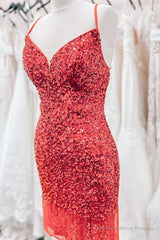 Red Lace-Up Sequins Sheath V Neck Homecoming Dress with Tassels
