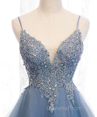 Blue Sweetheart Tulle Lace High Low Evening Prom Dress, Blue Homecoming Dress