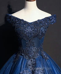 Blue Tulle Lace Off Shoulder Long Evening Prom Dress, Blue Tulle Lace Evening Dress