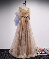 Champagne Sweetheart Tulle Long Evening Prom Dress, Tulle Formal Dress