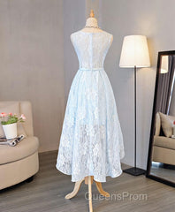 Light Blue Lace High Low Evening Prom Dress, Homecoming Dress