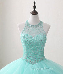Mint Ball Gown Floor Length Halter Keyhole Back Beading Ruffles Evening Prom Dress