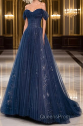 A-Line Off Shoulder Tulle Lace Dark Blue Long Evening Prom Dress, Dark Blue Long Evening Dress